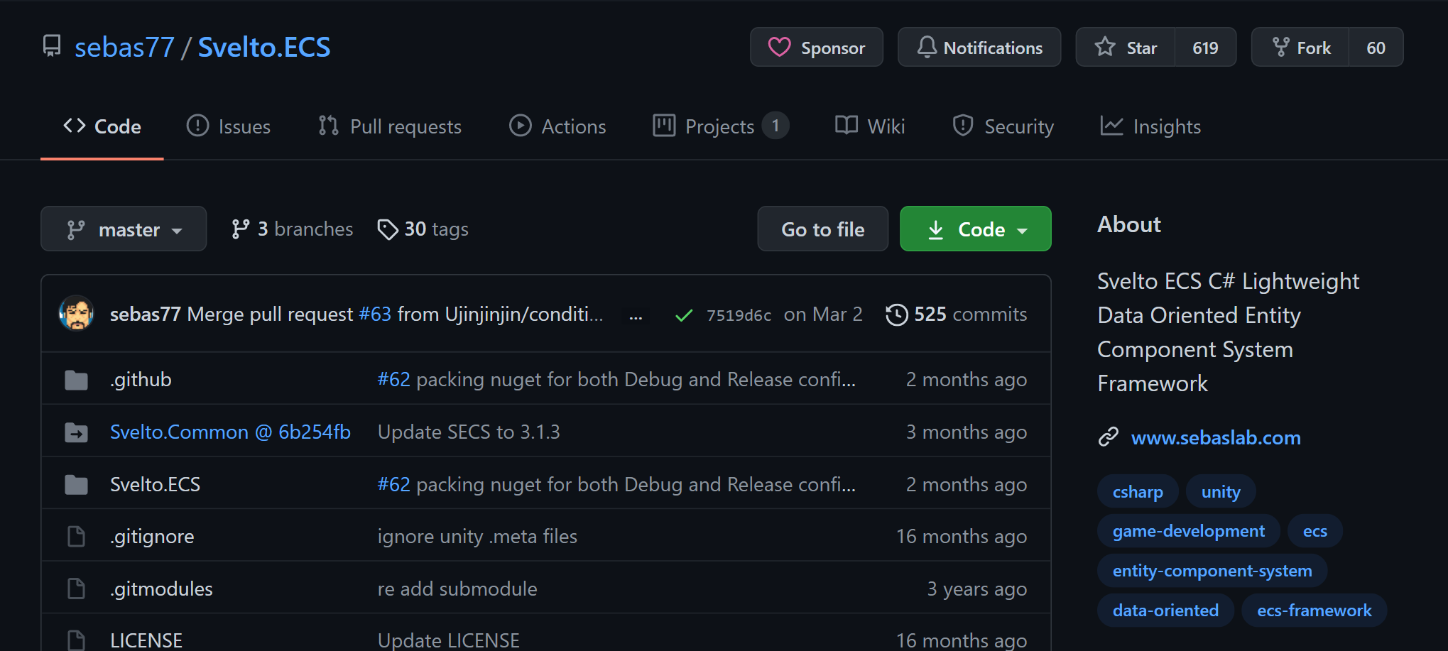 The sebas77/Svelto.ECS repository on GitHub, described as a C# lightweight data oriented Entity Component System framework