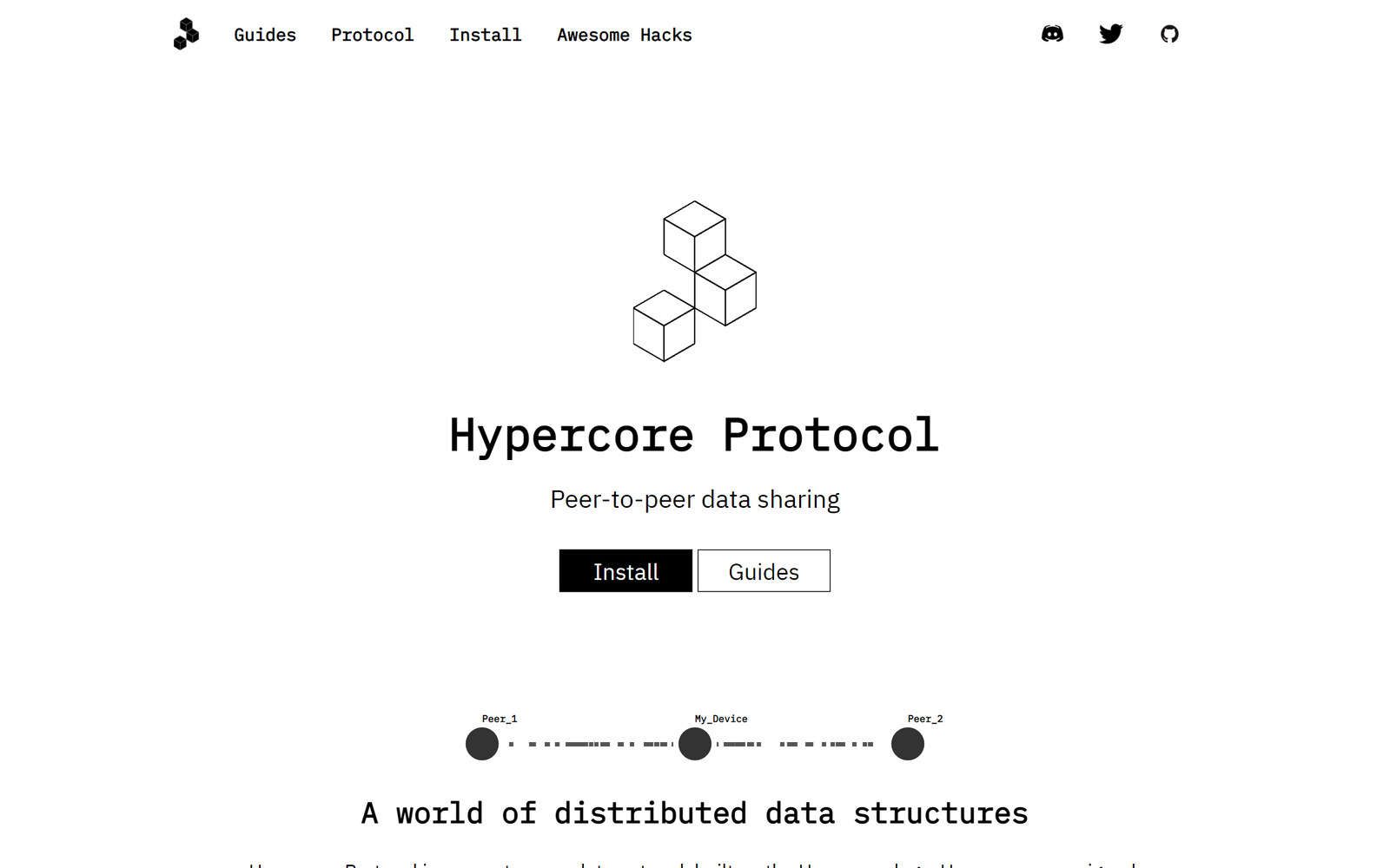 The Hypercore Protocol website: a logo made of three cubes, the tagline "Peer-to-peer data sharing", and Install and Guides buttons