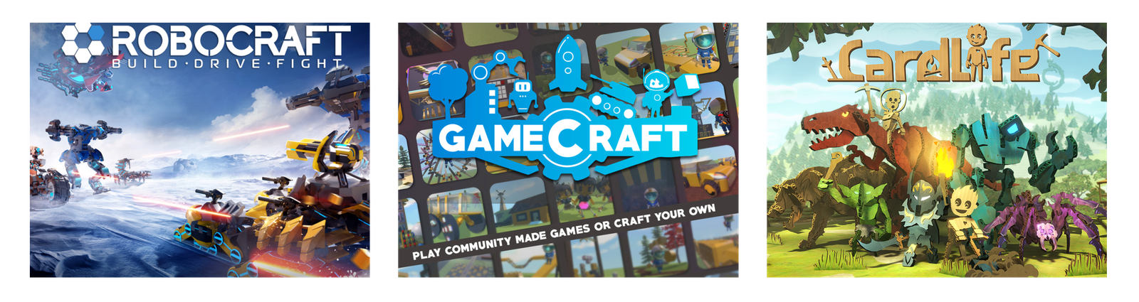 Key art of three Freejam games: Robocraft, Gamecraft and CardLife