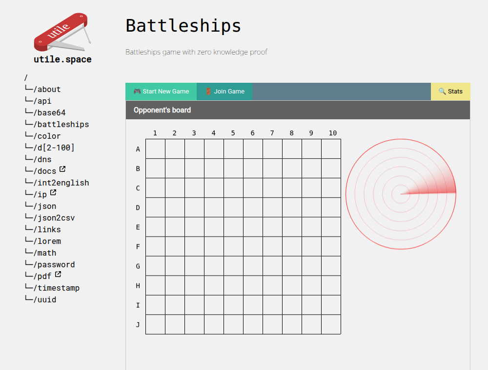The Battleships page on utile.space: the subtitle "Battleships game with zero knowledge proof", tabs to start a new game, join a game or see the stats, and the opponent's empty 10 by 10 grid next to a radar animation.