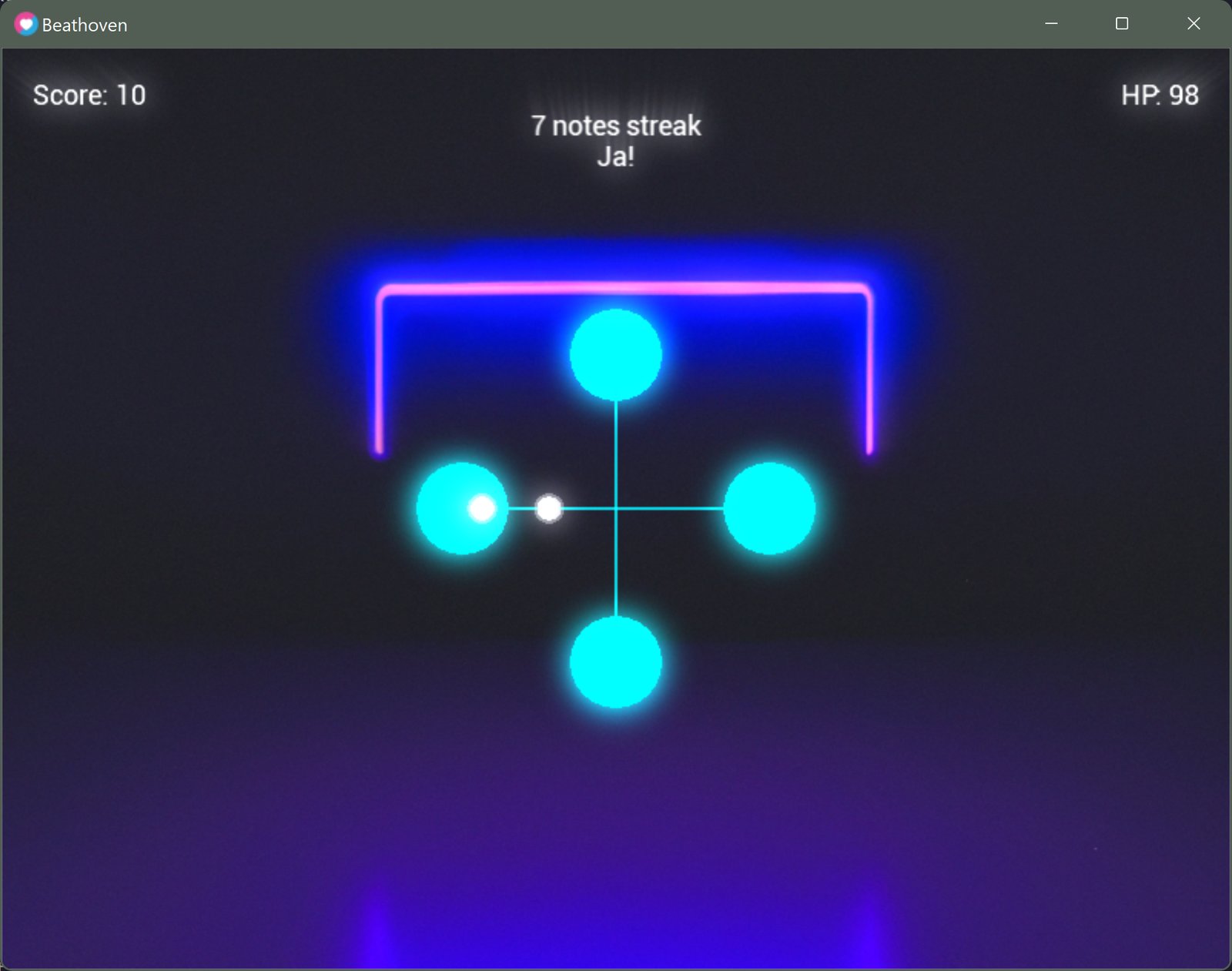 Beathoven during a game: four glowing cyan buttons arranged in a diamond, a white note on the track of the left button, the score 10, HP 98 and the message "7 notes streak Ja!".