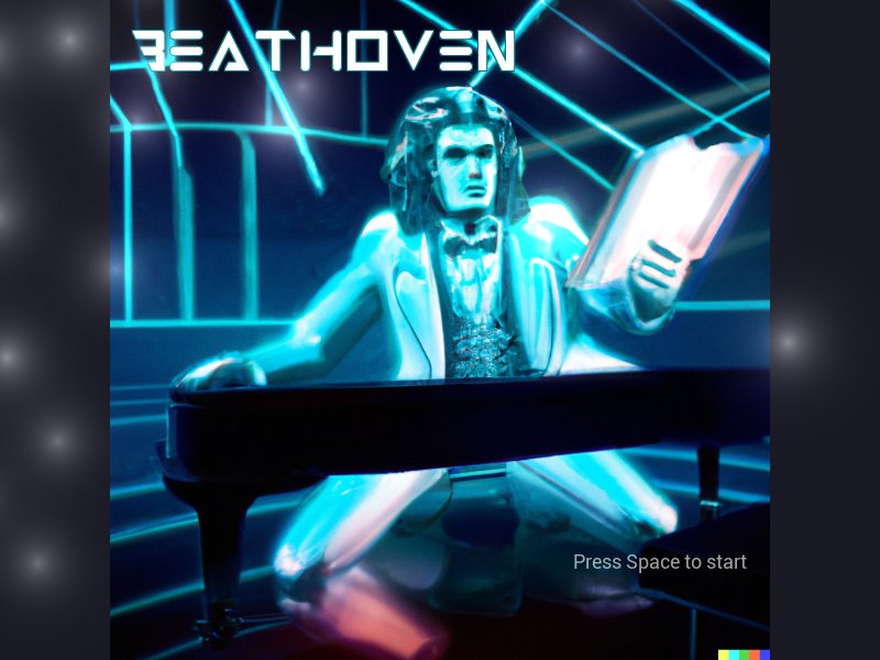 The Beathoven title screen: a neon blue Beethoven playing the piano, the title BEATHOVEN and "Press Space to start".