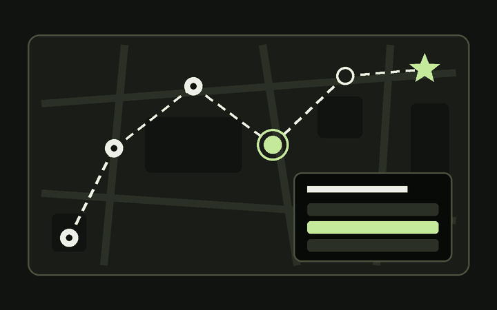 Illustration: a route with six stops across a city map, ending on a star, and a question with three answers at the current stop.