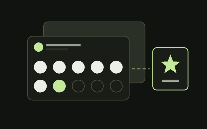 Illustration: a membership card with ten point slots, seven of them filled, linked to a reward marked with a star.