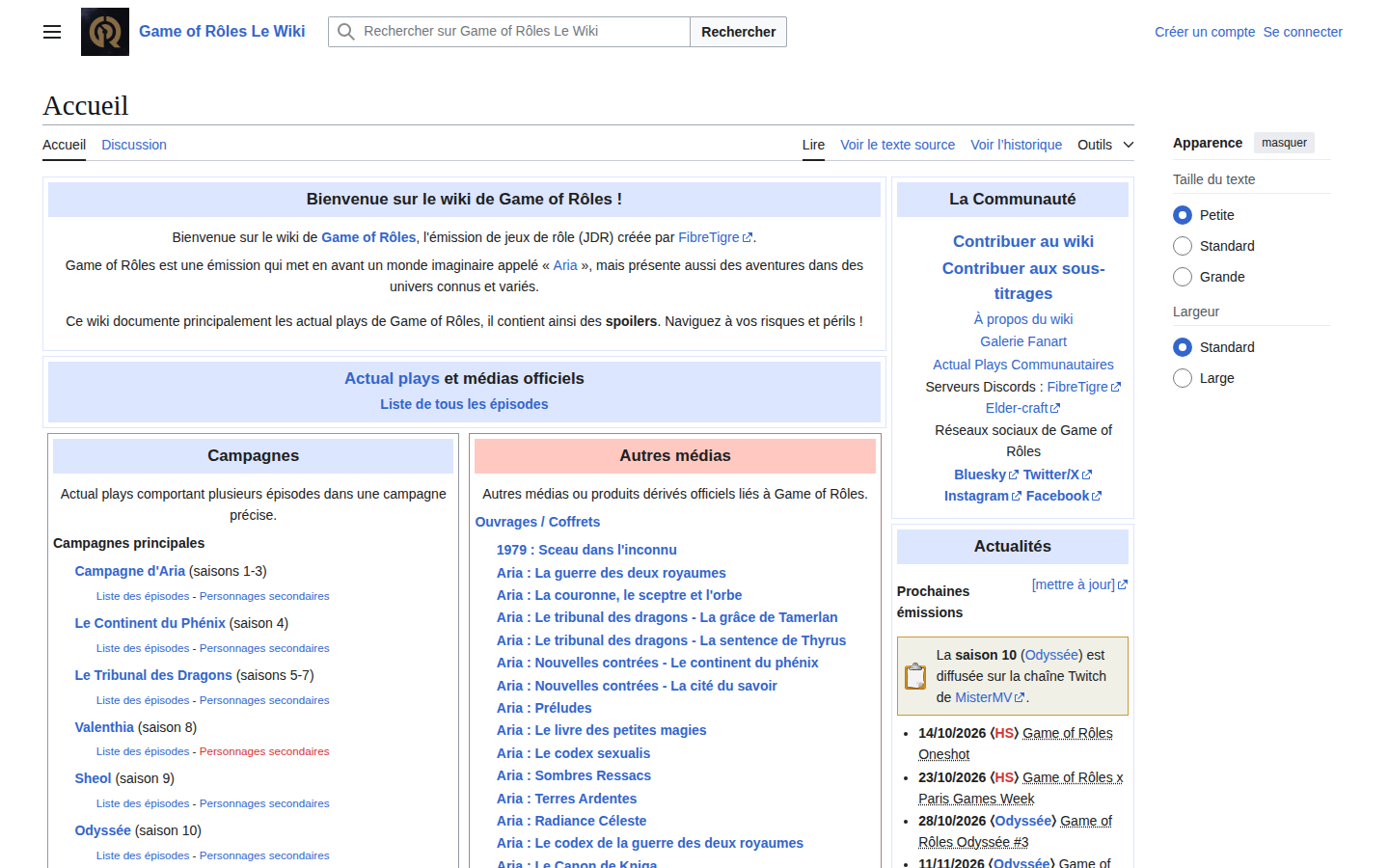 The home page of the Game of Rôles wiki, in French: a welcome box, the list of campaigns such as Aria and Le Tribunal des Dragons, the other media, the community links and the upcoming shows.