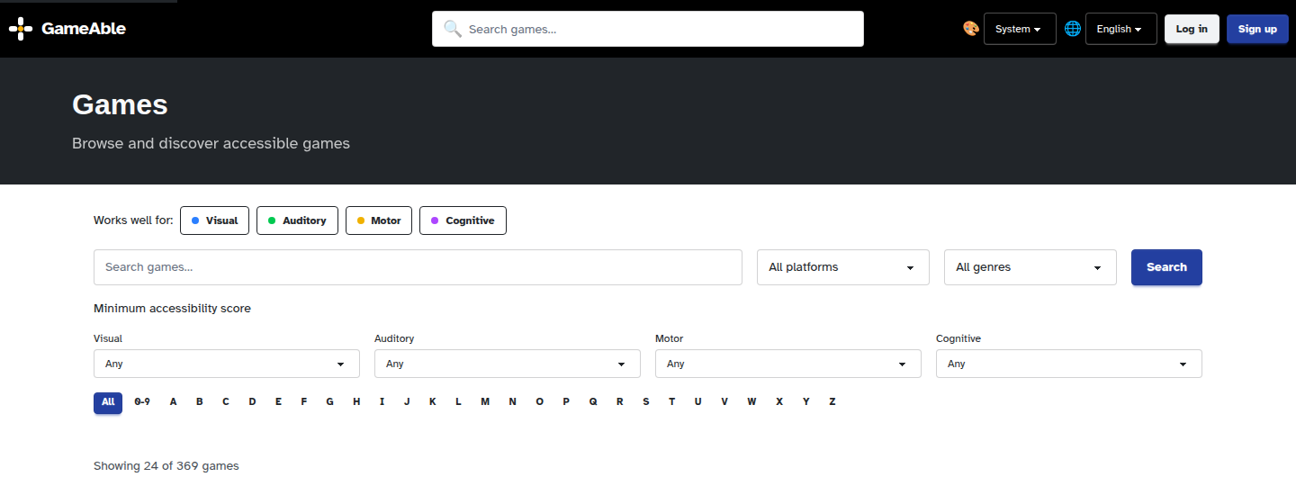The GameAble games page: a search field, platform and genre filters, a minimum score for each of the four accessibility axes, and the count "Showing 24 of 369 games".