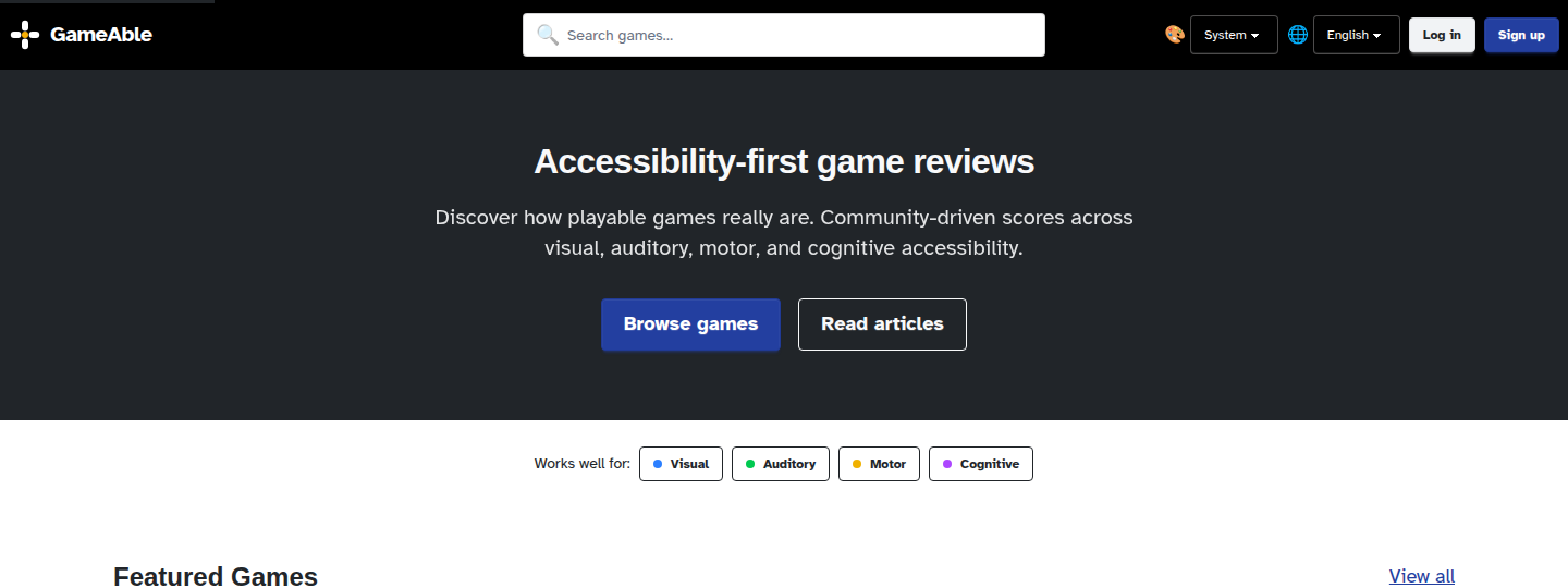 The GameAble home page: the title "Accessibility-first game reviews", buttons to browse games and read articles, and filters for visual, auditory, motor and cognitive accessibility.