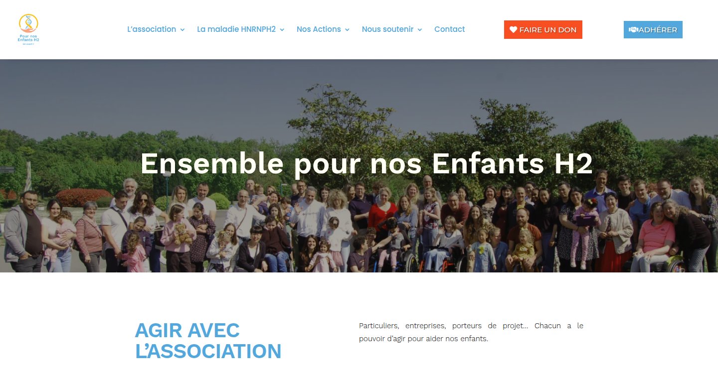 The home page of the Pour nos Enfants H2 website, in French: a menu about the association, the HNRNPH2 disease, its actions and how to support it, buttons to donate and to join, and the headline "Ensemble pour nos Enfants H2" over a group photo of families in a garden.