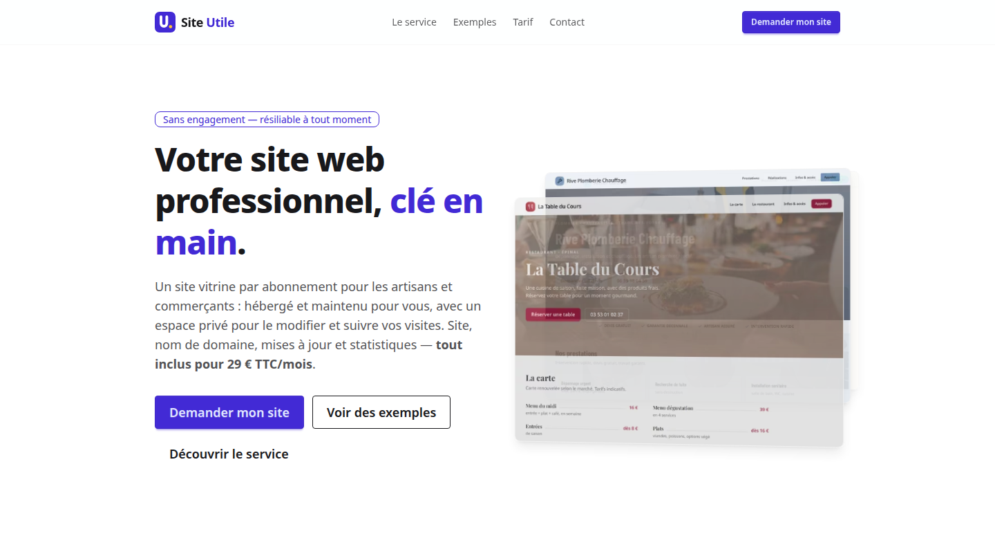The Site Utile home page, in French: the headline "Votre site web professionnel, clé en main", the price of 29 € TTC per month, the buttons "Demander mon site" and "Voir des exemples", and previews of two example sites.