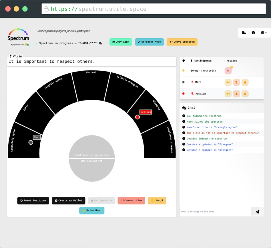 Spectrum during a session: the claim "It is important to respect others." above a half-circle going from Completely agree to Completely disagree, with the pellets of Marc and Jessica, the participants list and the chat on the right.