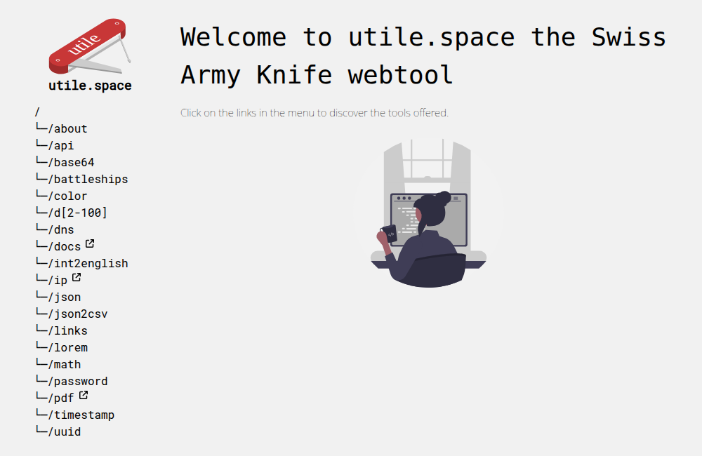 The utile.space home page: the red Swiss Army knife logo, a menu written like a file tree (/about, /api, /base64, /battleships, /dns, /math, /password, /uuid and more) and the title "Welcome to utile.space the Swiss Army Knife webtool".