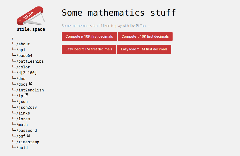 The utile.space math page with four red buttons: compute π or τ to 10K first decimals, and lazy load π or τ to 1M first decimals.