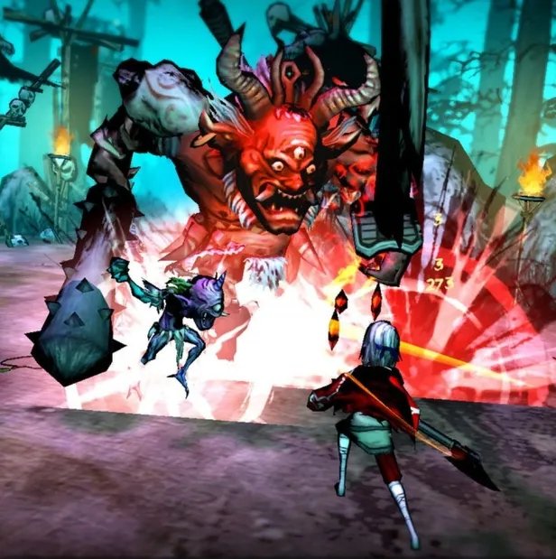 A fight in Akaneiro: a huge red demon with three eyes above small warriors, in a burst of light.
