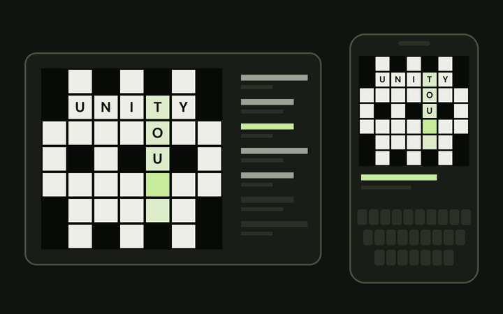 Illustration: the same crossword grid on a tablet and on a phone. The word UNITY is filled in, and TOUCH is being typed with the on-screen keyboard.