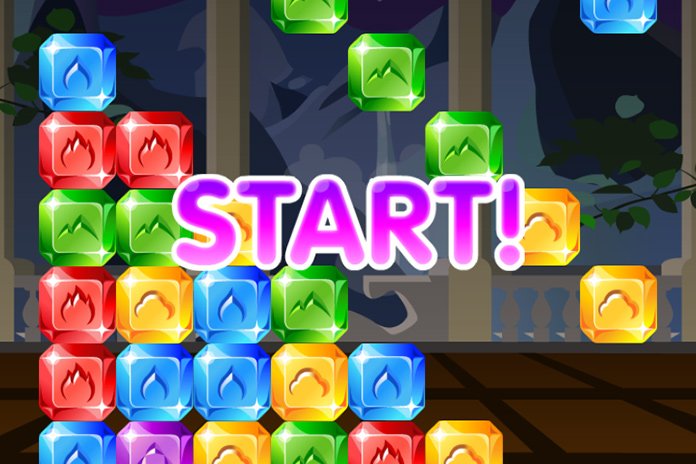 The Gem Wizard board: colourful square gems with fire and mountain symbols, and the word START! in pink.