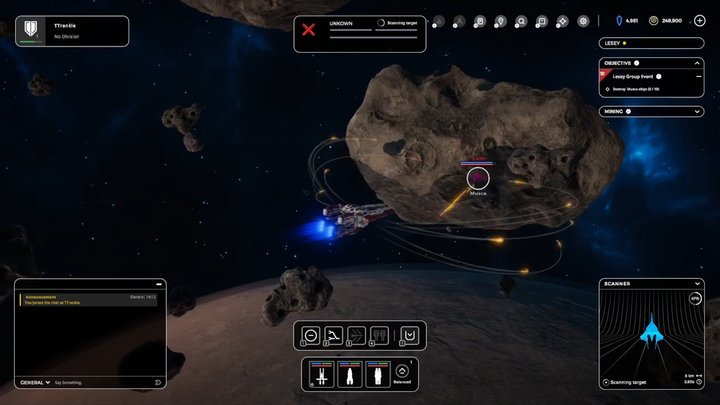 Infinite Fleet in play: a small ship near large asteroids, with interface panels around the screen.