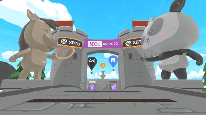 The entrance of the virtual conference: a castle gate under an MCC VR 2020 banner, between a giant horse and a giant panda, with hot-air balloons carrying Bitcoin and Litecoin logos behind.