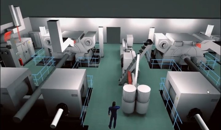 A 3D machine room seen from above, with large engines, blue railings and a character in blue overalls in the middle.