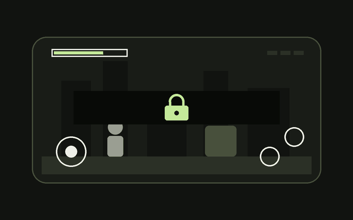 Illustration: a mobile action game screen with a health bar, a joystick and two buttons, hidden behind a black bar with a padlock.