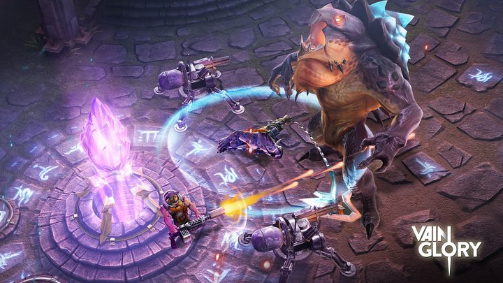 Vainglory artwork: heroes fighting around a glowing purple crystal, with the Vainglory logo.